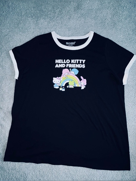 torrid Tops - torrid size 2x Black Tee with White Trim and Pastel Hello Kitty Rainbow Graphic